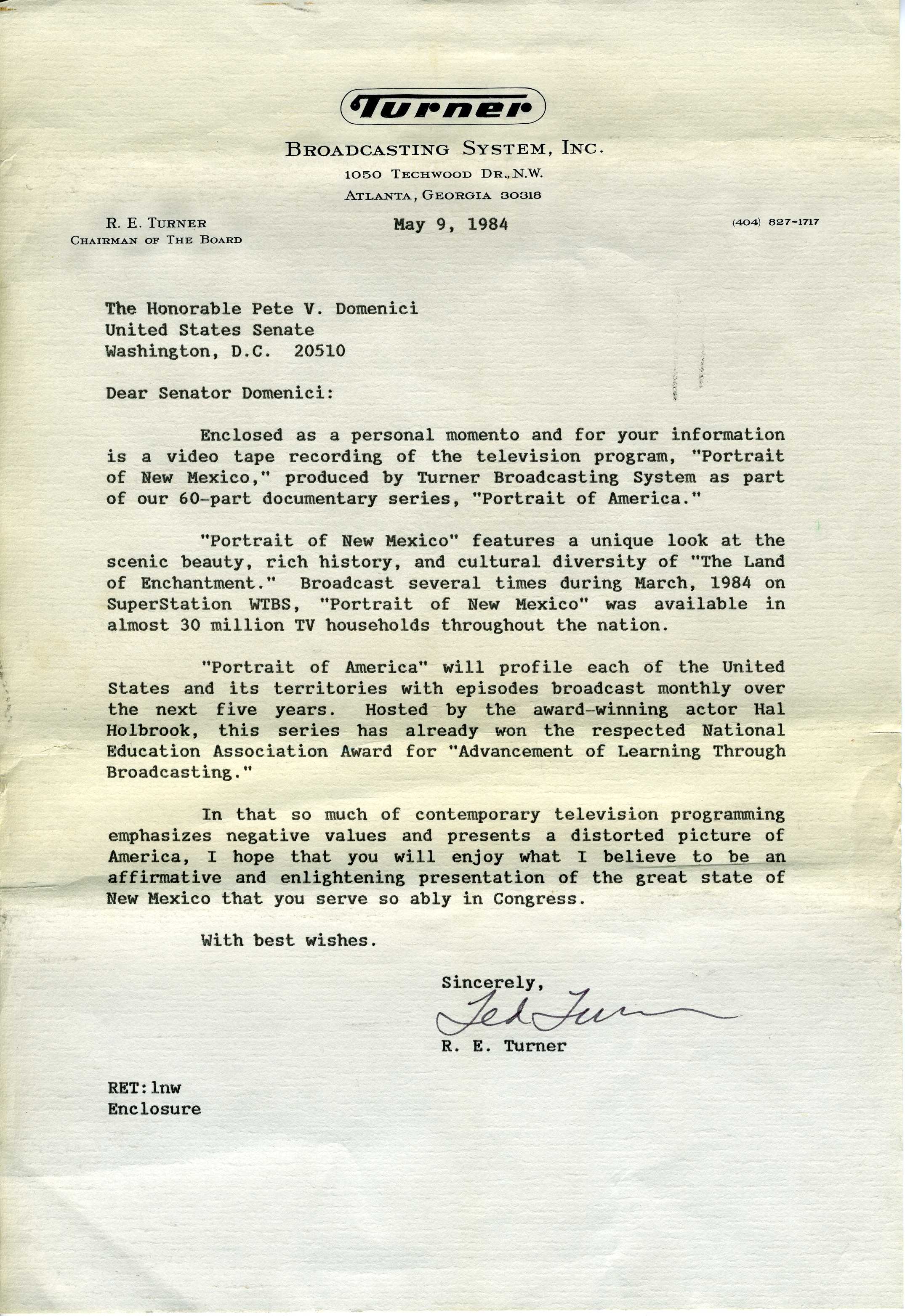 enlarged image of letter from Ted Turner to Domenici